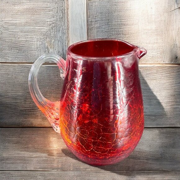 1960s Crackle Glass Small Pitcher Creamer Amberina UV Glowing Glass Clear Handle - Picture 1 of 13